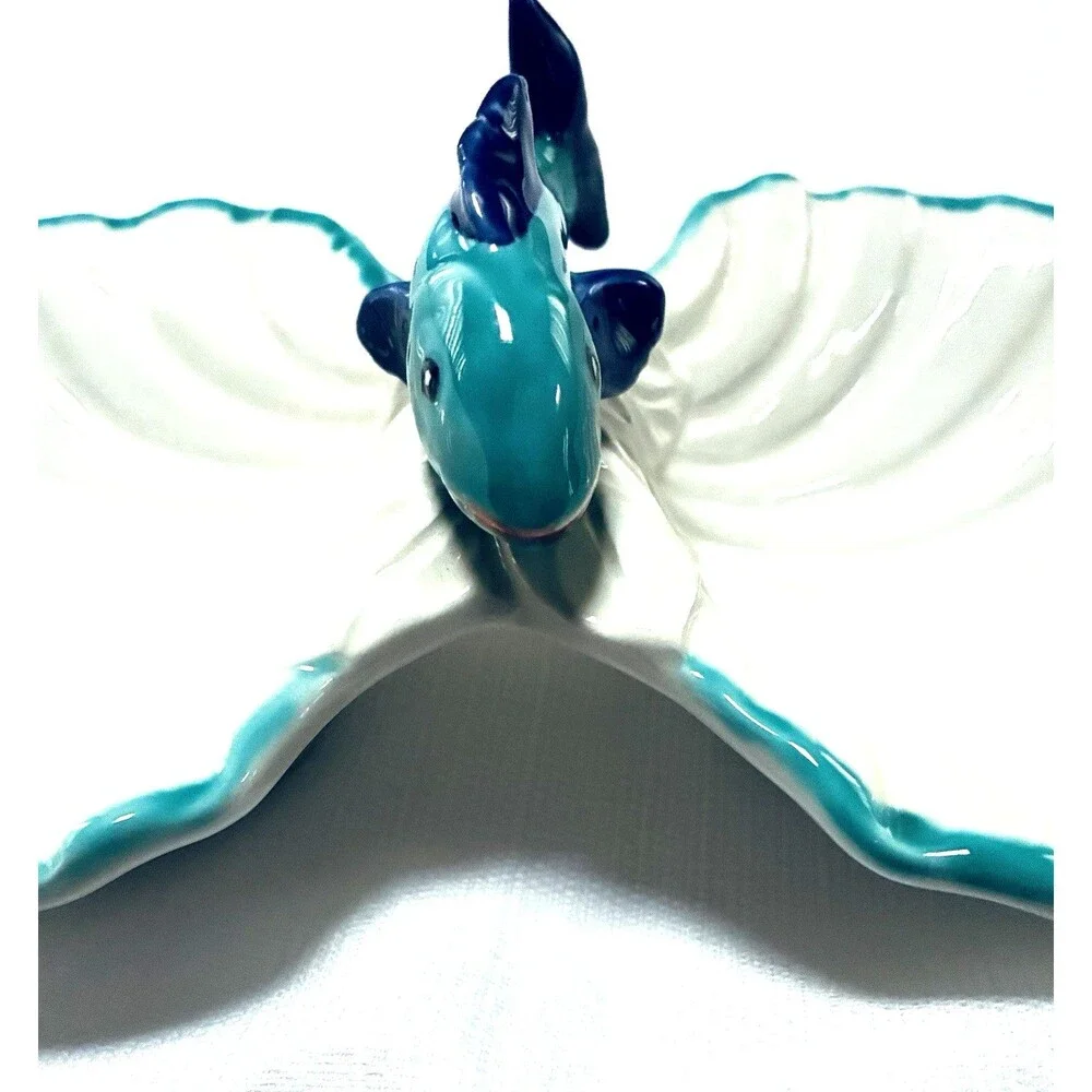 Vietri Scalloped Seashell Fish Double Bowl White Turquoise Made In Italy 9370/26